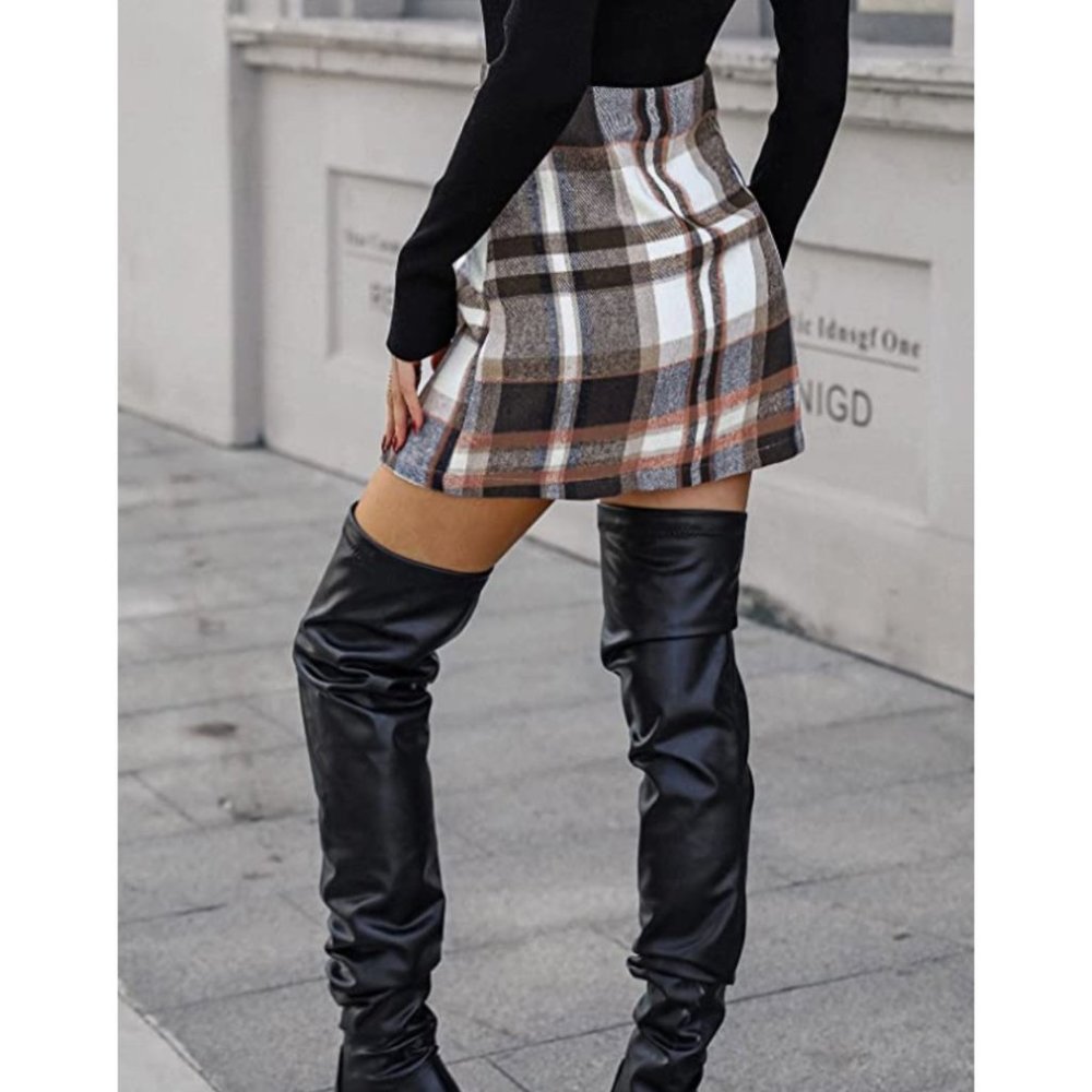 Brown Multi Plaid Printed Knit High Waist Fitted Pencil Bodycon Mini Skirt - Picture 4 of 7